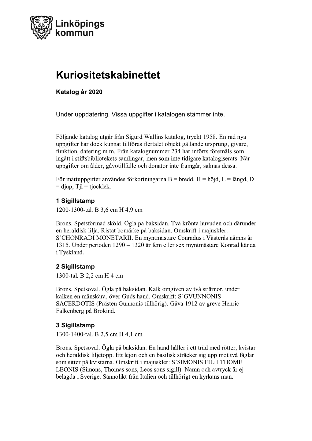 Katalog Till Kuriositetskabinettet