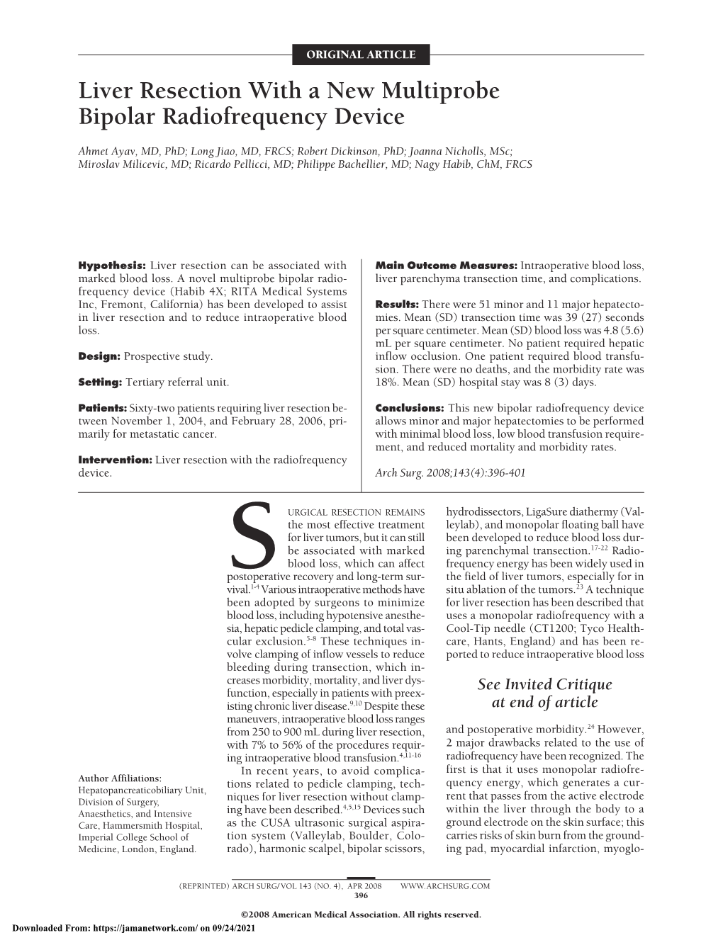 Liver Resection with a New Multiprobe Bipolar Radiofrequency Device