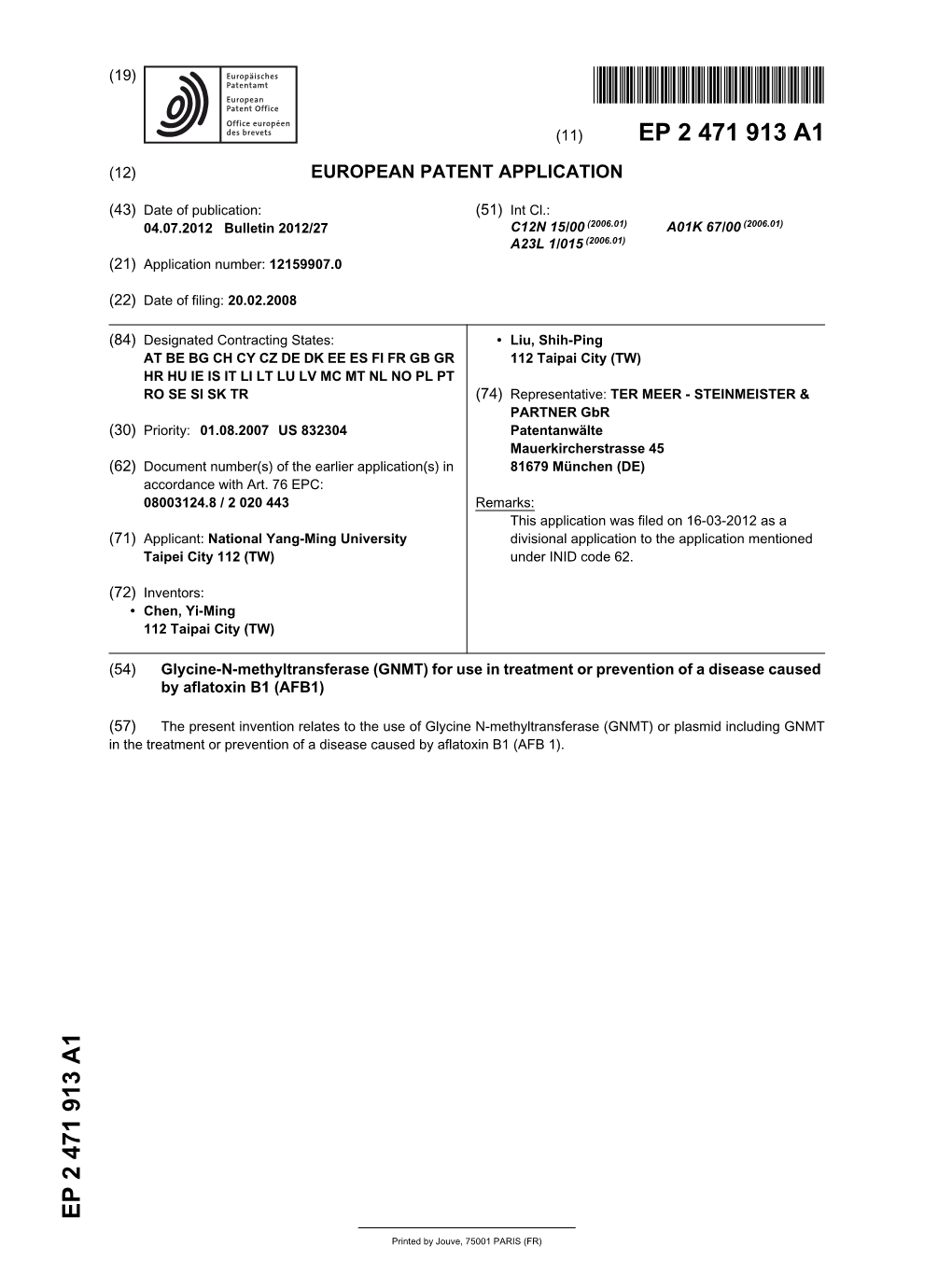 Glycine-N-Methyltransferase (GNMT) for Use in Treatment Or Prevention of a Disease Caused by Aflatoxin B1 (AFB1)