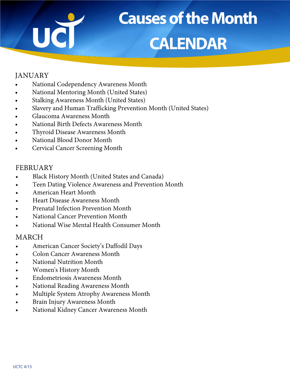 Causes of the Month CALENDAR