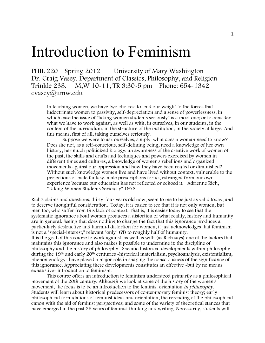 PHIL 220 Introduction to Feminism Fall 1997