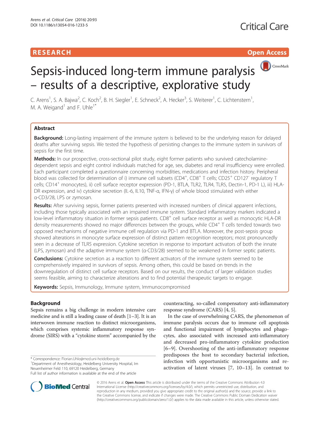 Sepsis-Induced Long-Term Immune Paralysis – Results of a Descriptive, Explorative Study C