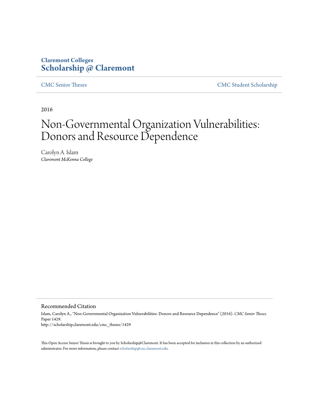 Non-Governmental Organization Vulnerabilities: Donors and Resource Dependence Carolyn A