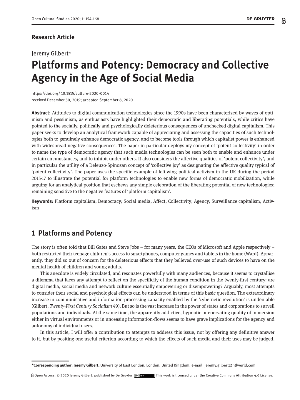 Platforms and Potency: Democracy and Collective Agency in the Age Of