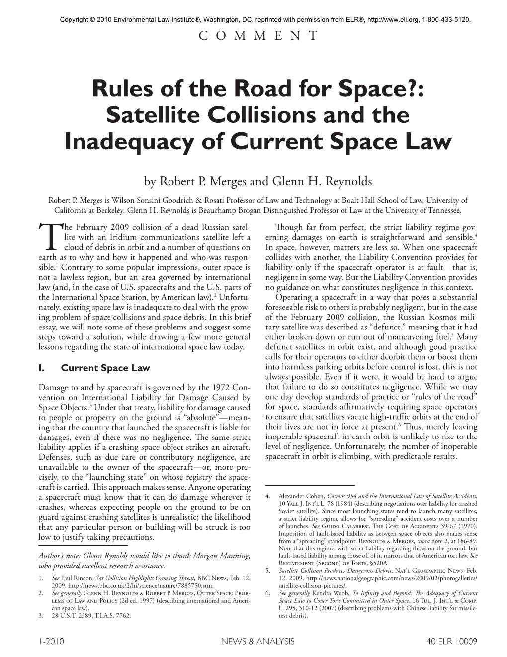 Satellite Collisions and the Inadequacy of Current Space Law