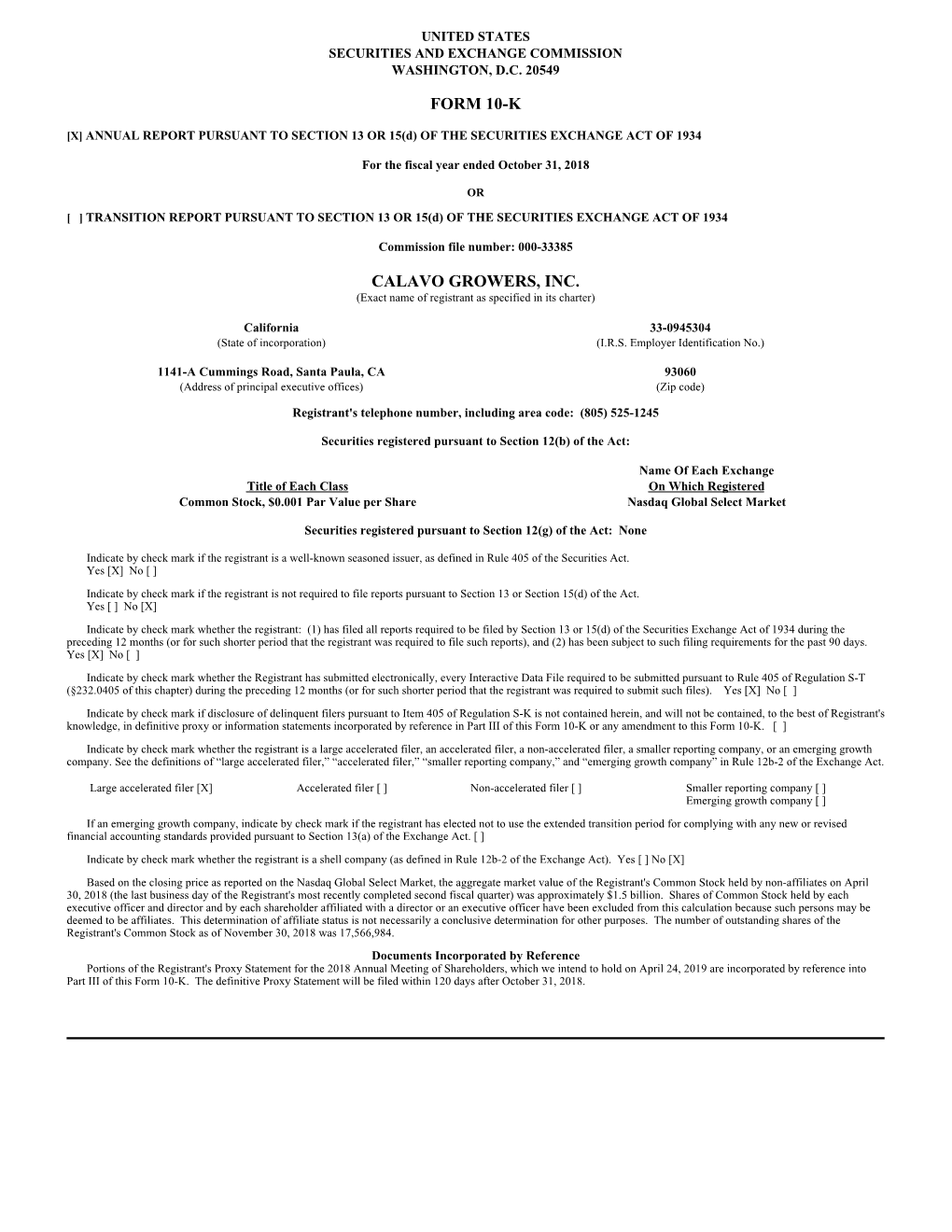 Form 10-K Calavo Growers, Inc