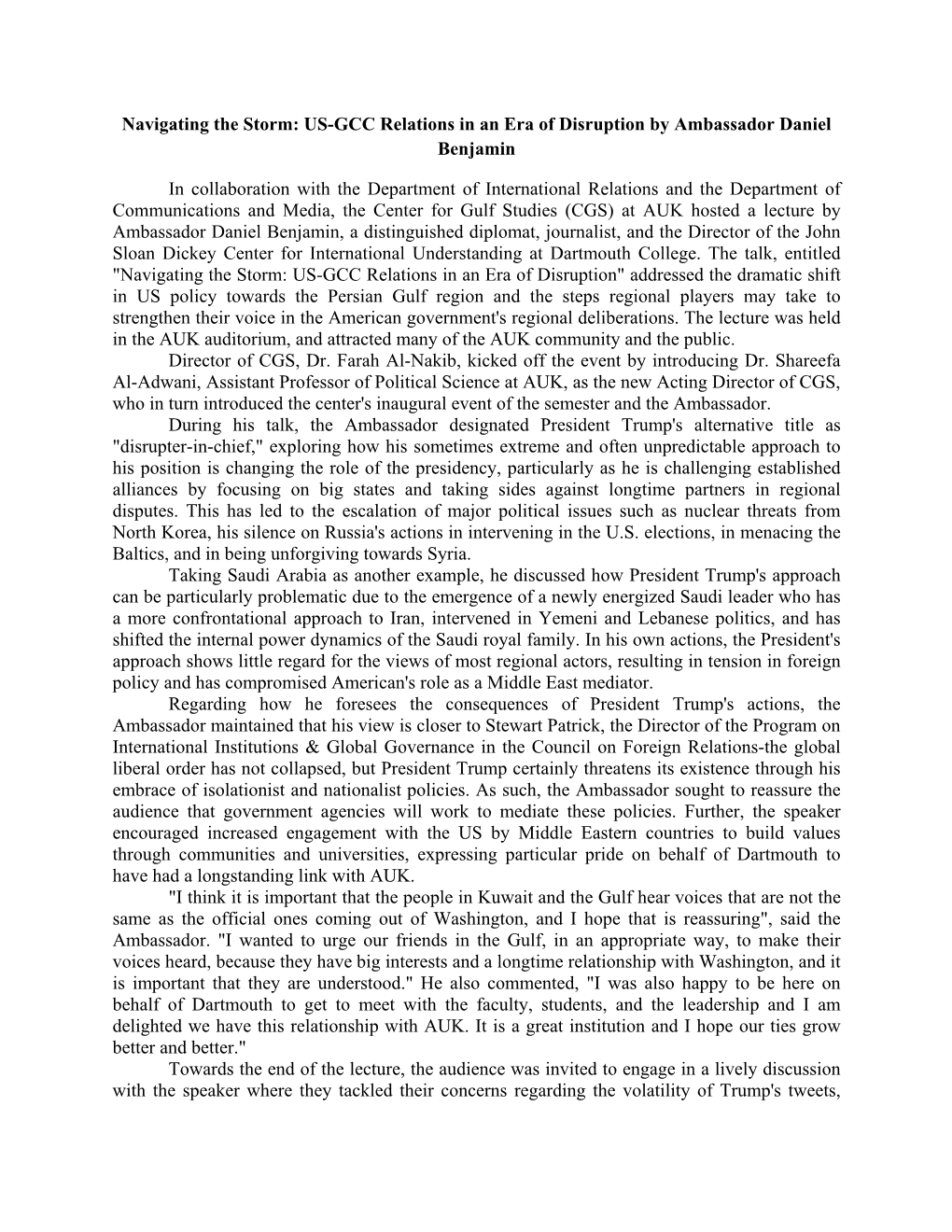 Navigating the Storm: US-GCC Relations in an Era of Disruption by Ambassador Daniel Benjamin