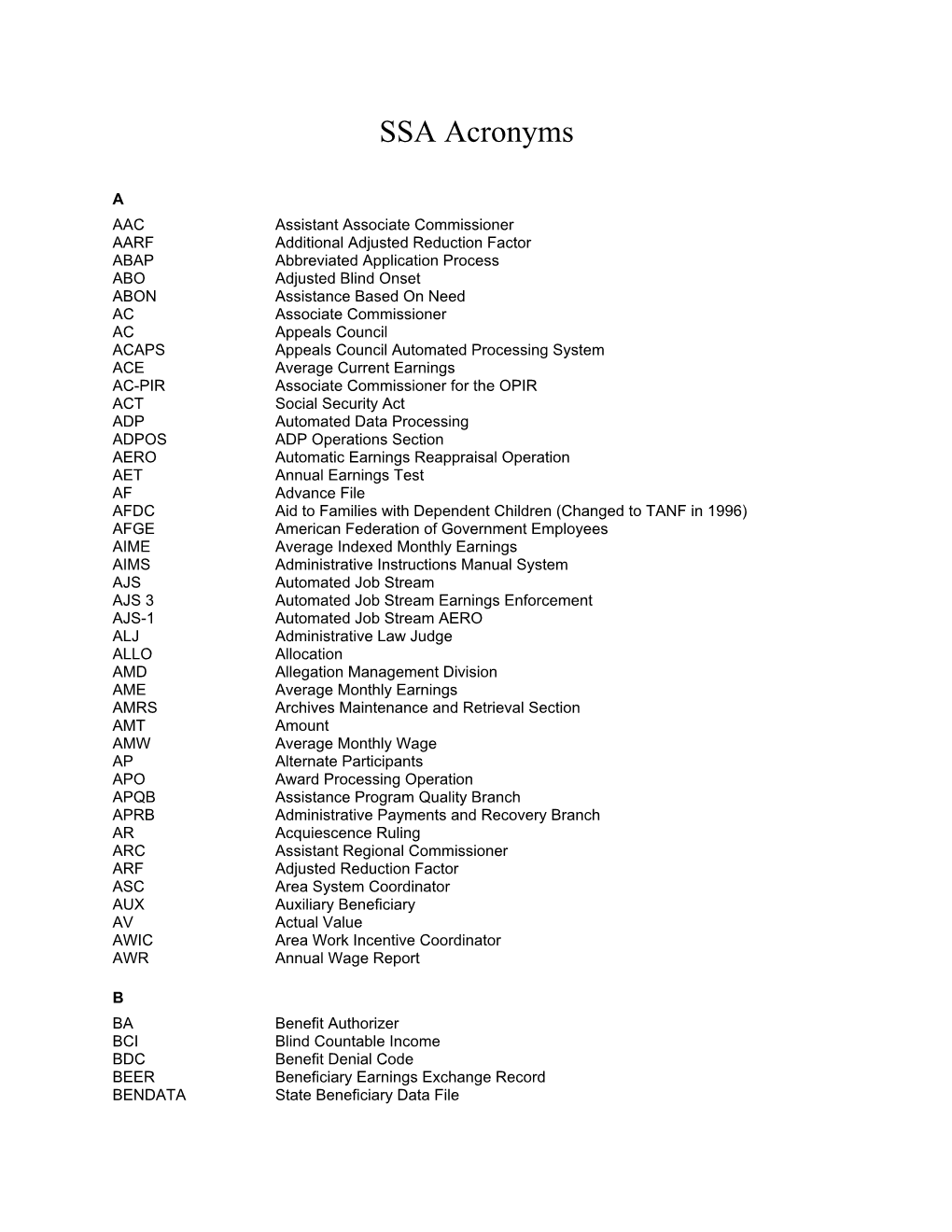 SSA Acronyms