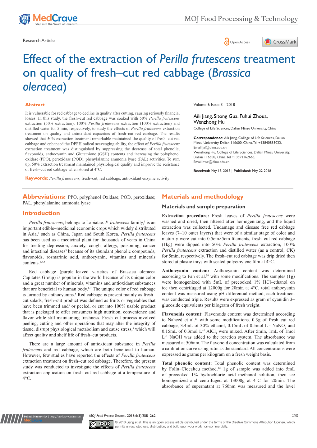 Effect of the Extraction of Perilla Frutescens Treatment on Quality of Fresh‒Cut Red Cabbage (Brassica Oleracea)