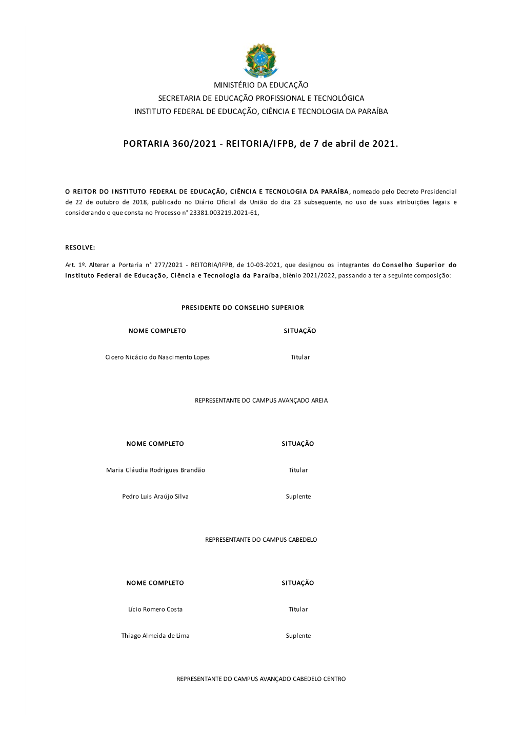 PORTARIA 360/2021 - REITORIA/IFPB, De 7 De Abril De 2021