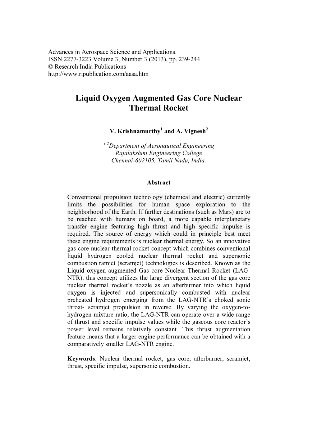 Liquid Oxygen Augmented Gas Core Nuclear Thermal Rocket