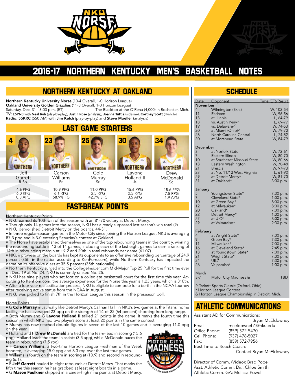 2016-17 Northern Kentucky Men's Basketball Notes