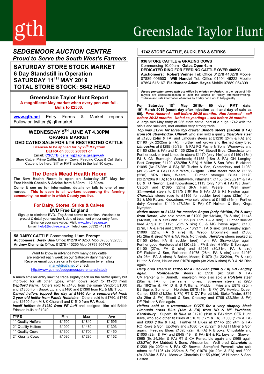 SEDGEMOOR AUCTION CENTRE 1742 STORE CATTLE, SUCKLERS & STIRKS Proud to Serve the South West’S Farmers 936 STORE CATTLE & GRAZING COWS