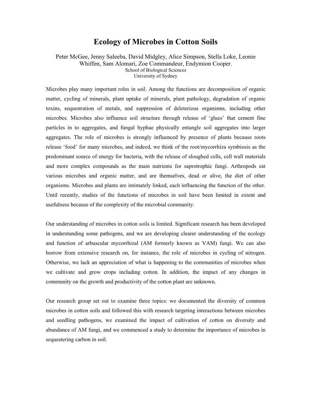 Ecology of Microbes in Cotton Soils