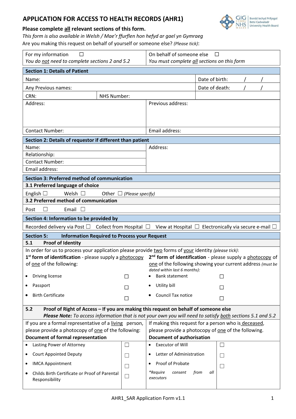 APPLICATION for ACCESS to HEALTH RECORDS (AHR1) Please Complete All Relevant Sections of This Form