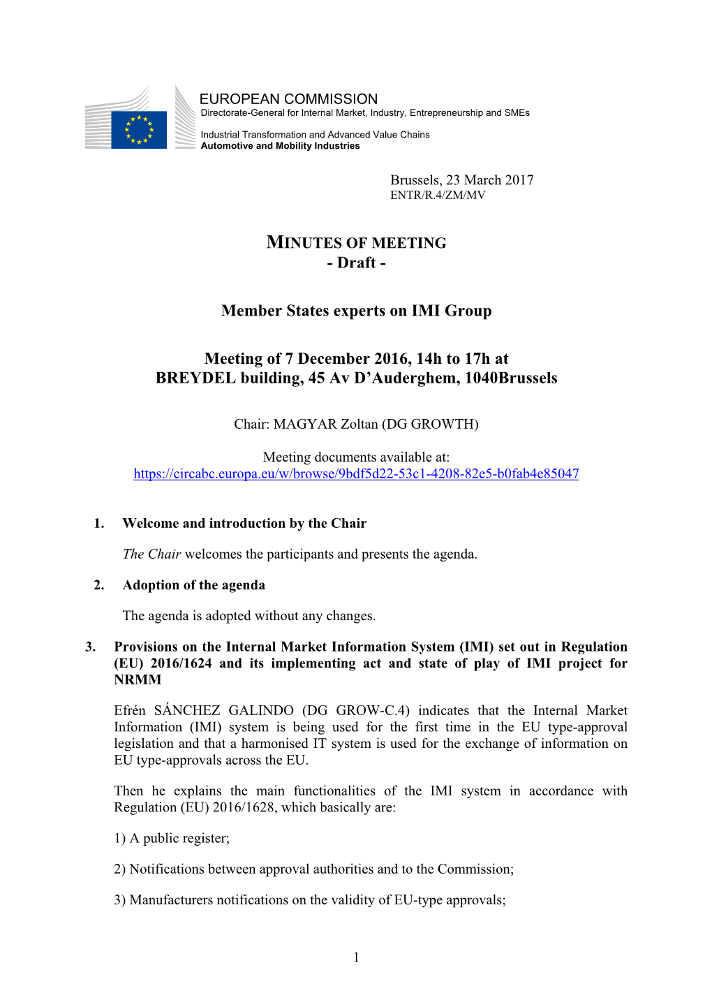 Member States Experts on IMI Group Meeting of 7 December 2016, 14H