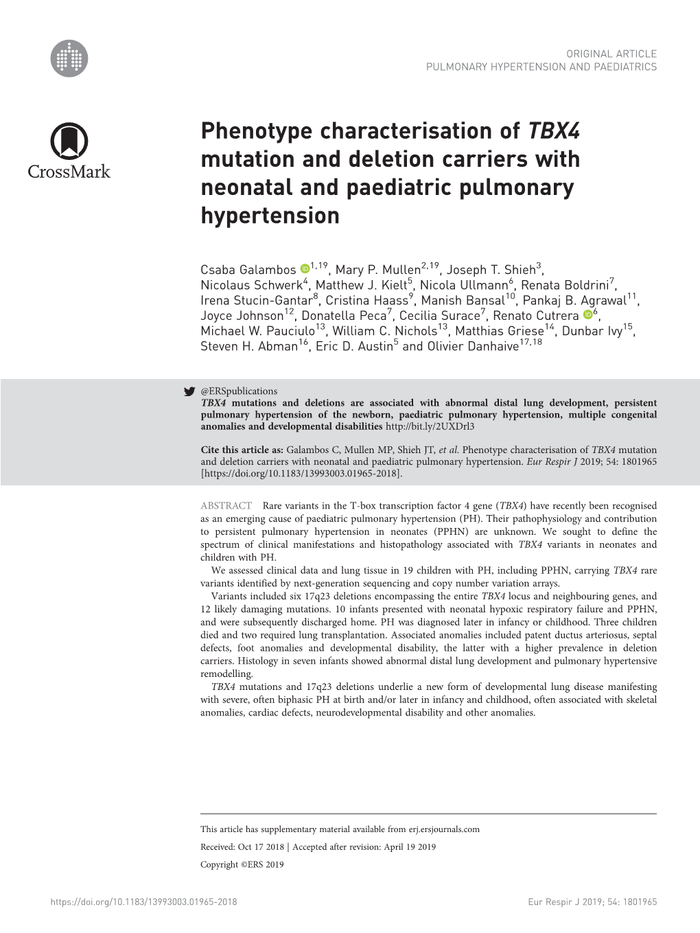 Phenotype Characterisation of TBX4 Mutation and Deletion Carriers with Neonatal and Paediatric Pulmonary Hypertension