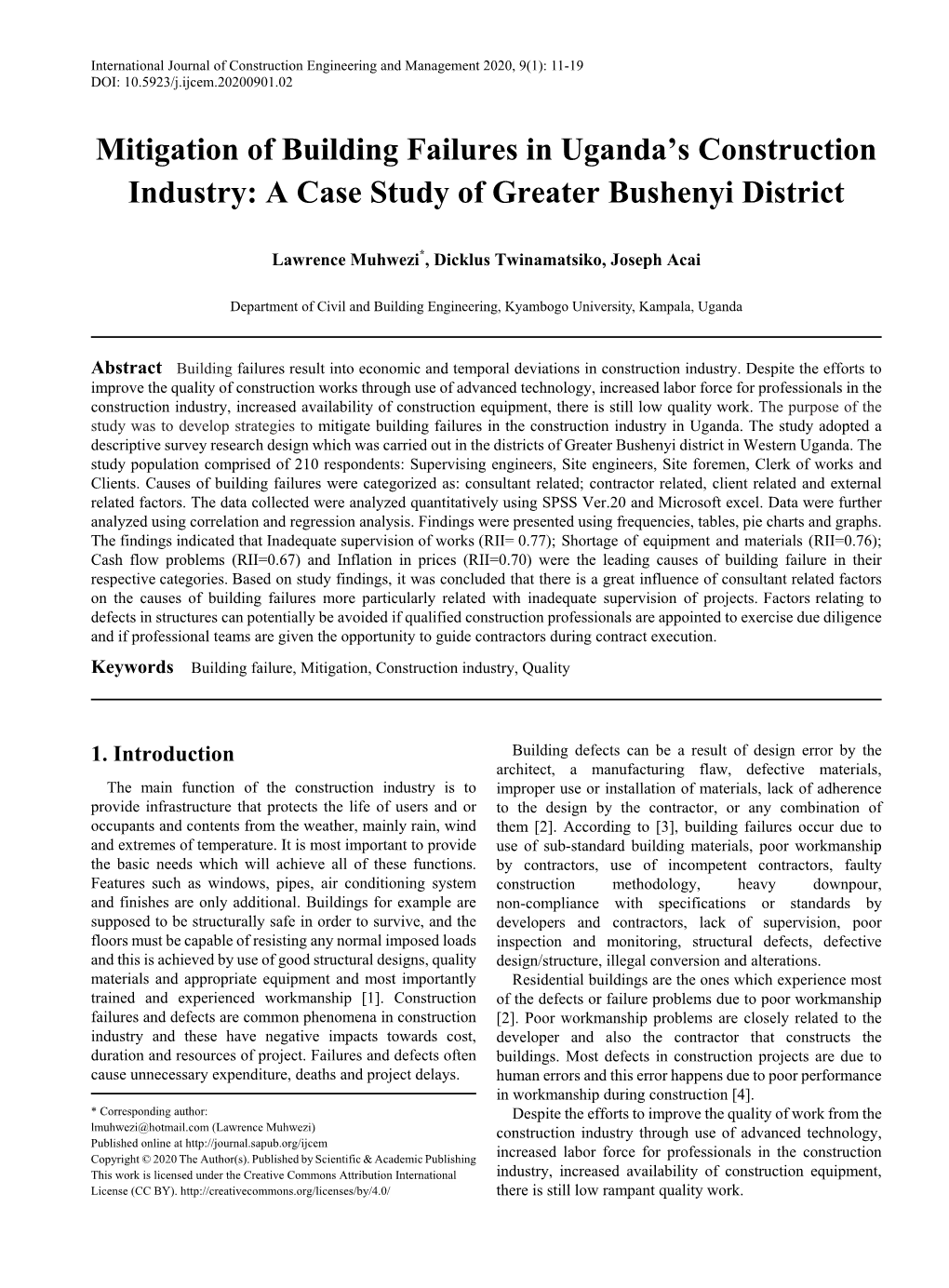 Mitigation of Building Failures in Uganda's Construction Industry: a Case Study of Greater Bushenyi District