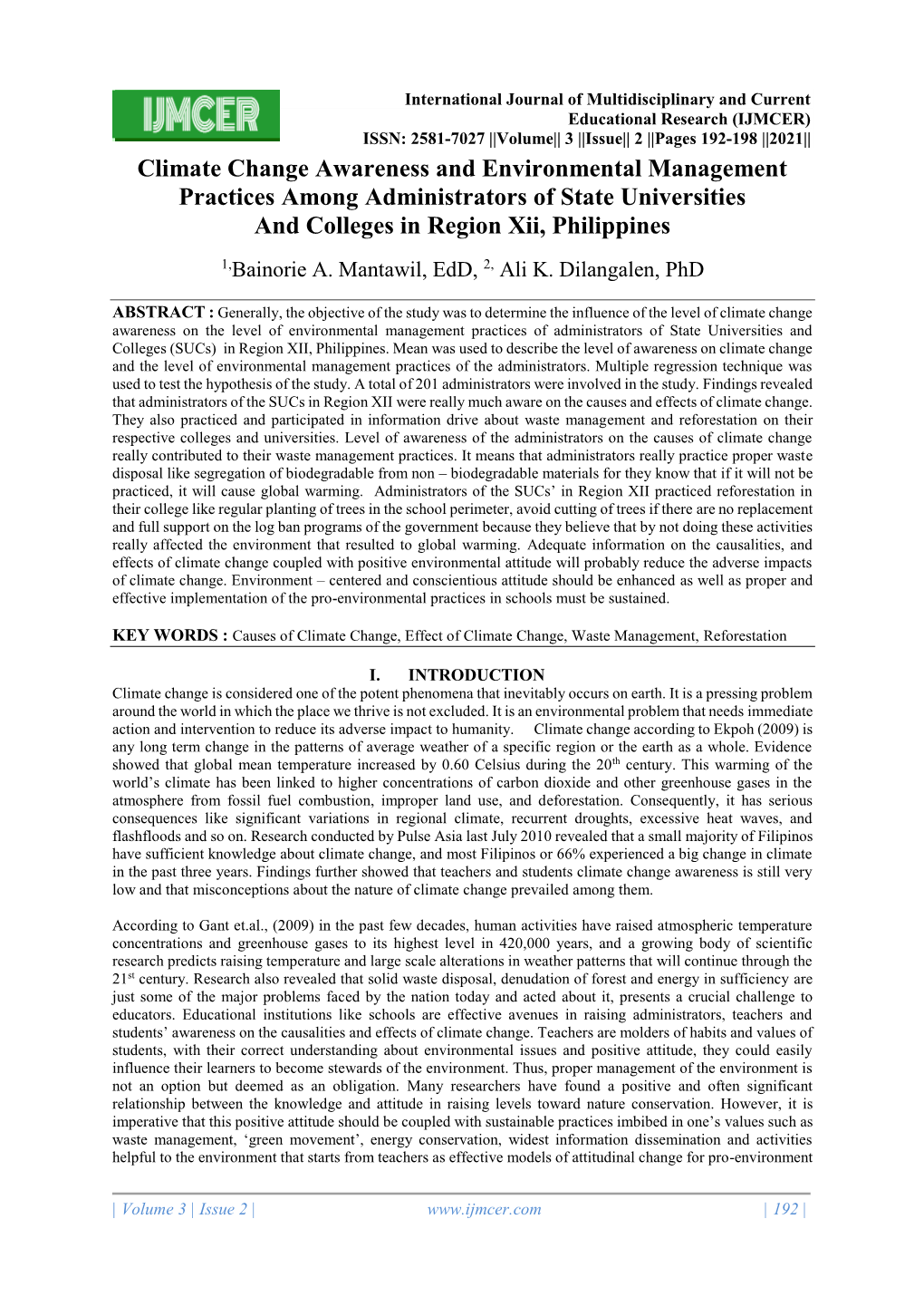 Climate Change Awareness and Environmental Management Practices Among Administrators of State Universities and Colleges in Region Xii, Philippines