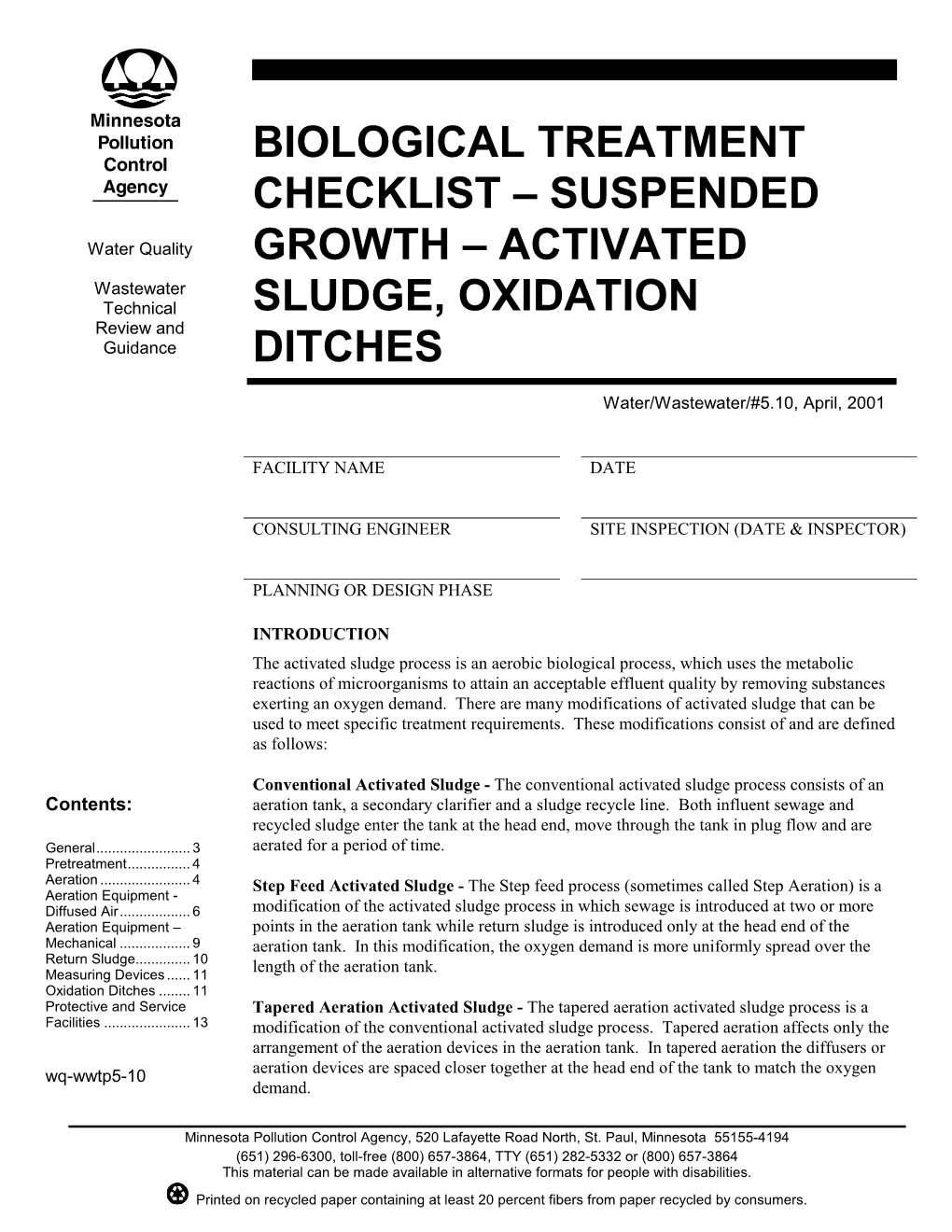 SUSPENDED GROWTH – ACTIVATED SLUDGE, OXIDATION PITCHES Page 2 Water Quality – Wastewater Technical Review and Guidance Water/Wastewater/#5.10, May 2001