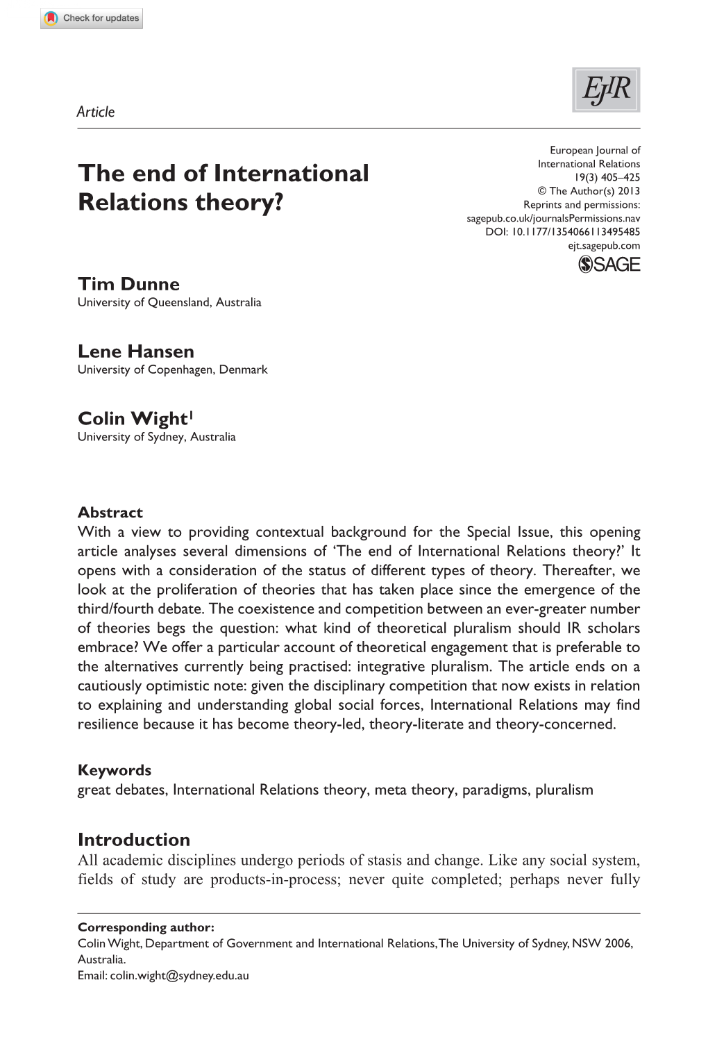 The End of International Relations Theory?’ It Opens with a Consideration of the Status of Different Types of Theory