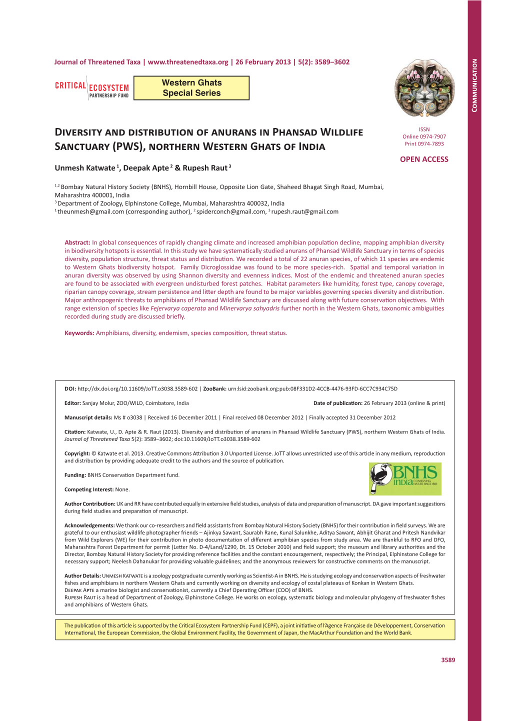 Diversity and Distribution of Anurans in Phansad Wildlife Sanctuary (PWS), Northern Western Ghats of India