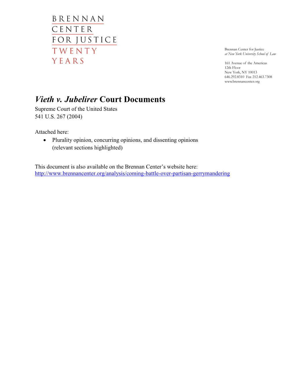 Vieth V. Jubelirer Court Documents Supreme Court of the United States 541 U.S