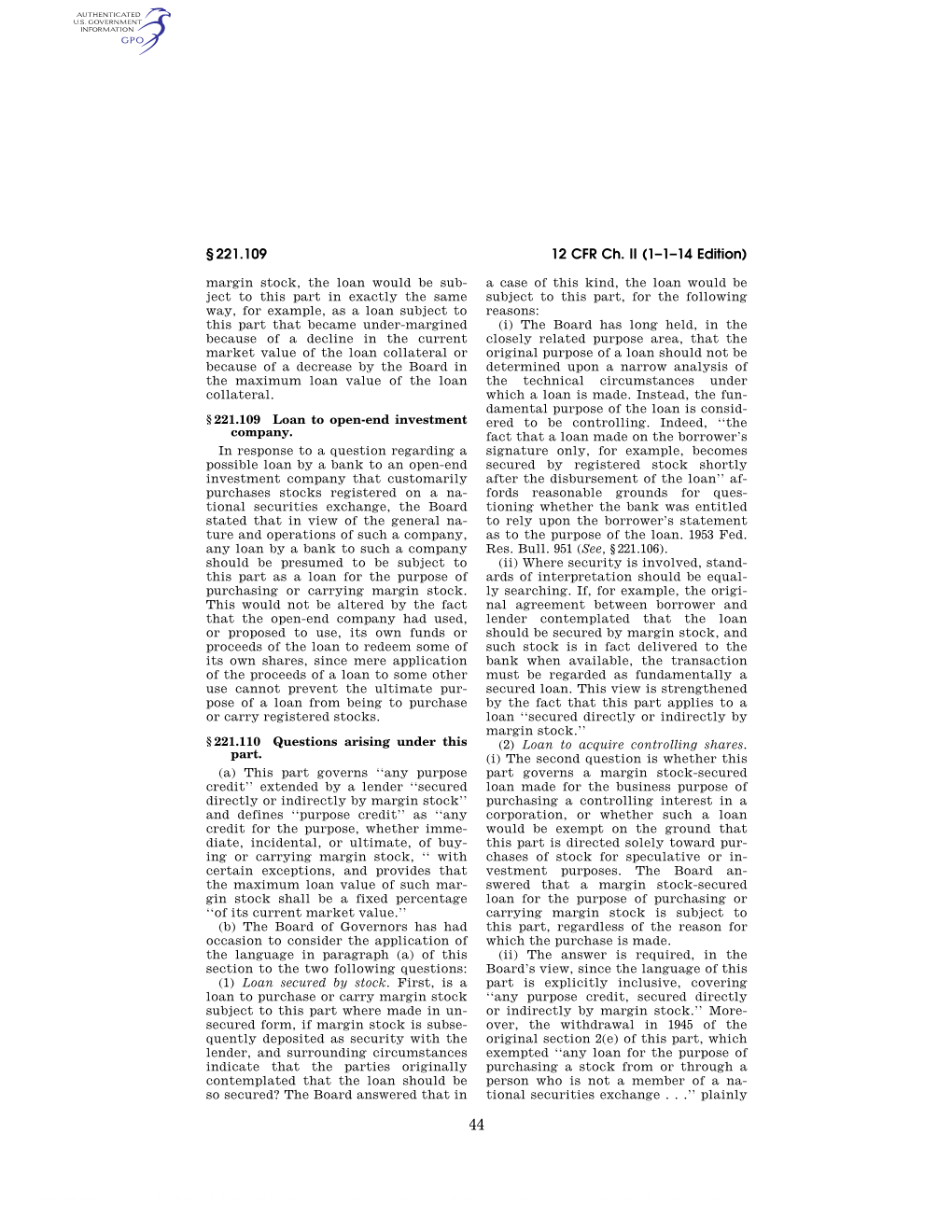 12 CFR Ch. II (1–1–14 Edition) § 221.109