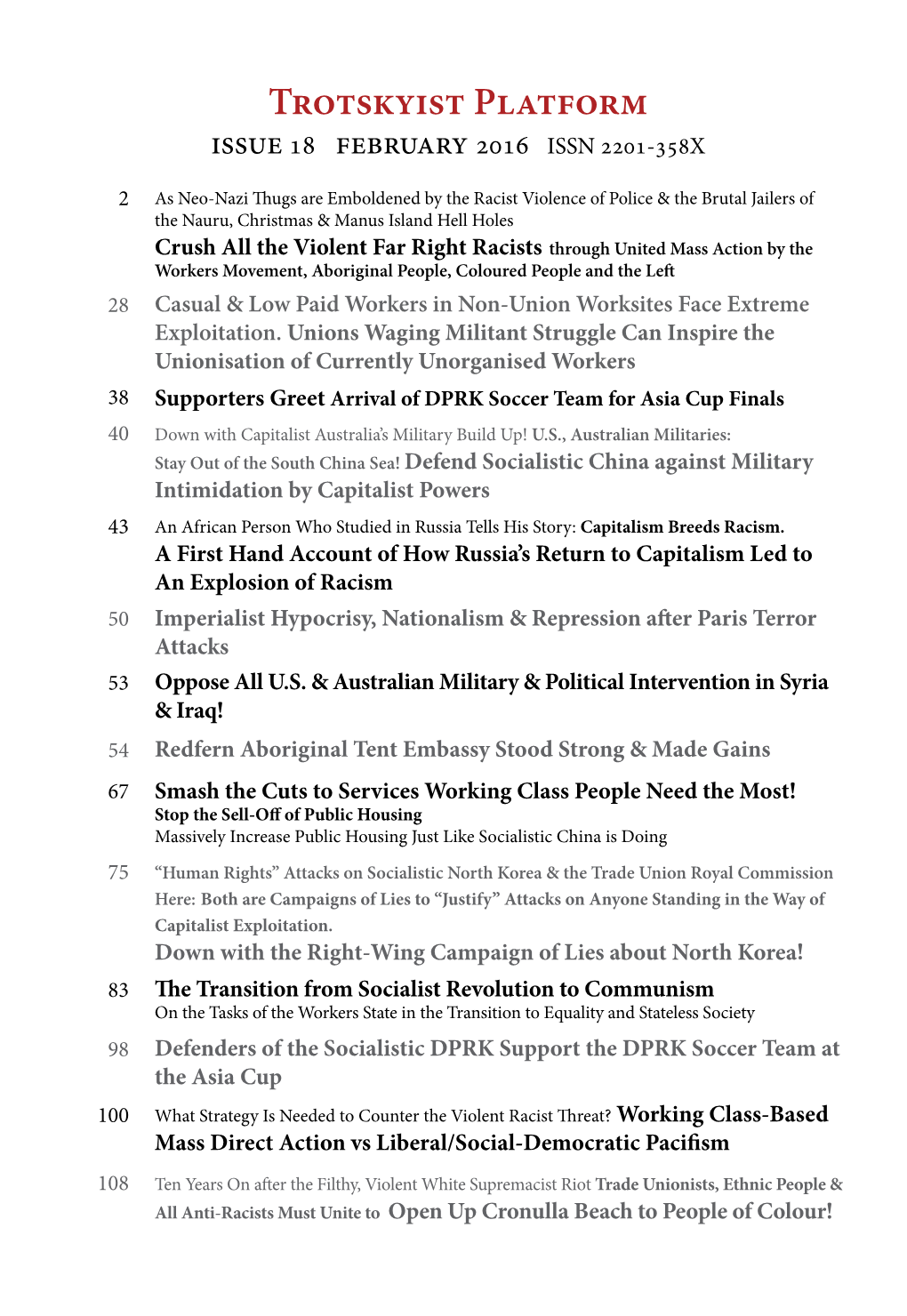 Trotskyist Platform Issue 18 February 2016 ISSN 2201-358X