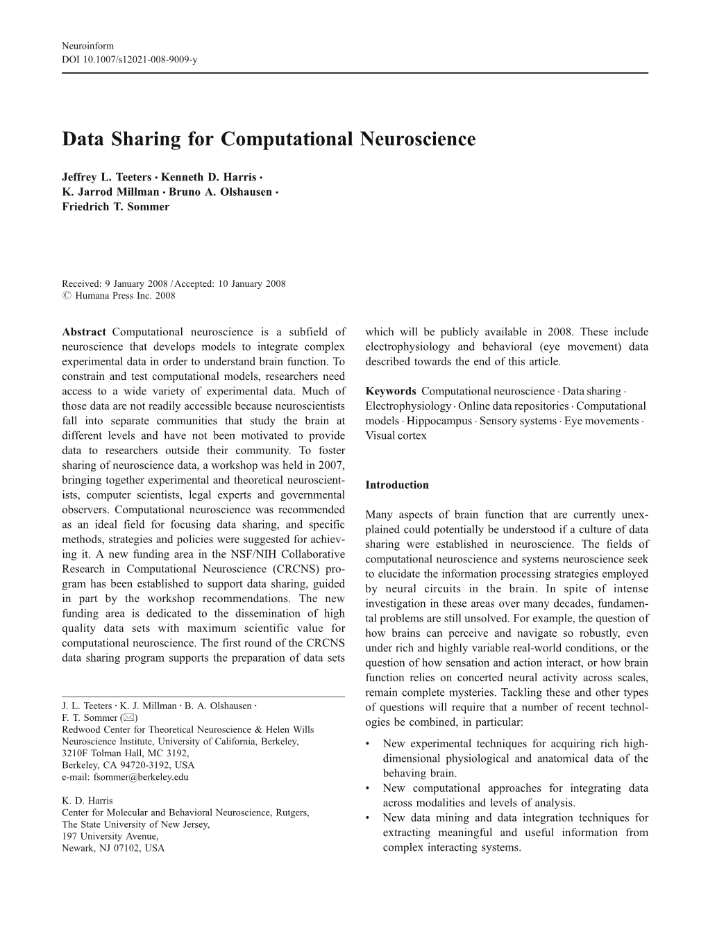 Data Sharing for Computational Neuroscience