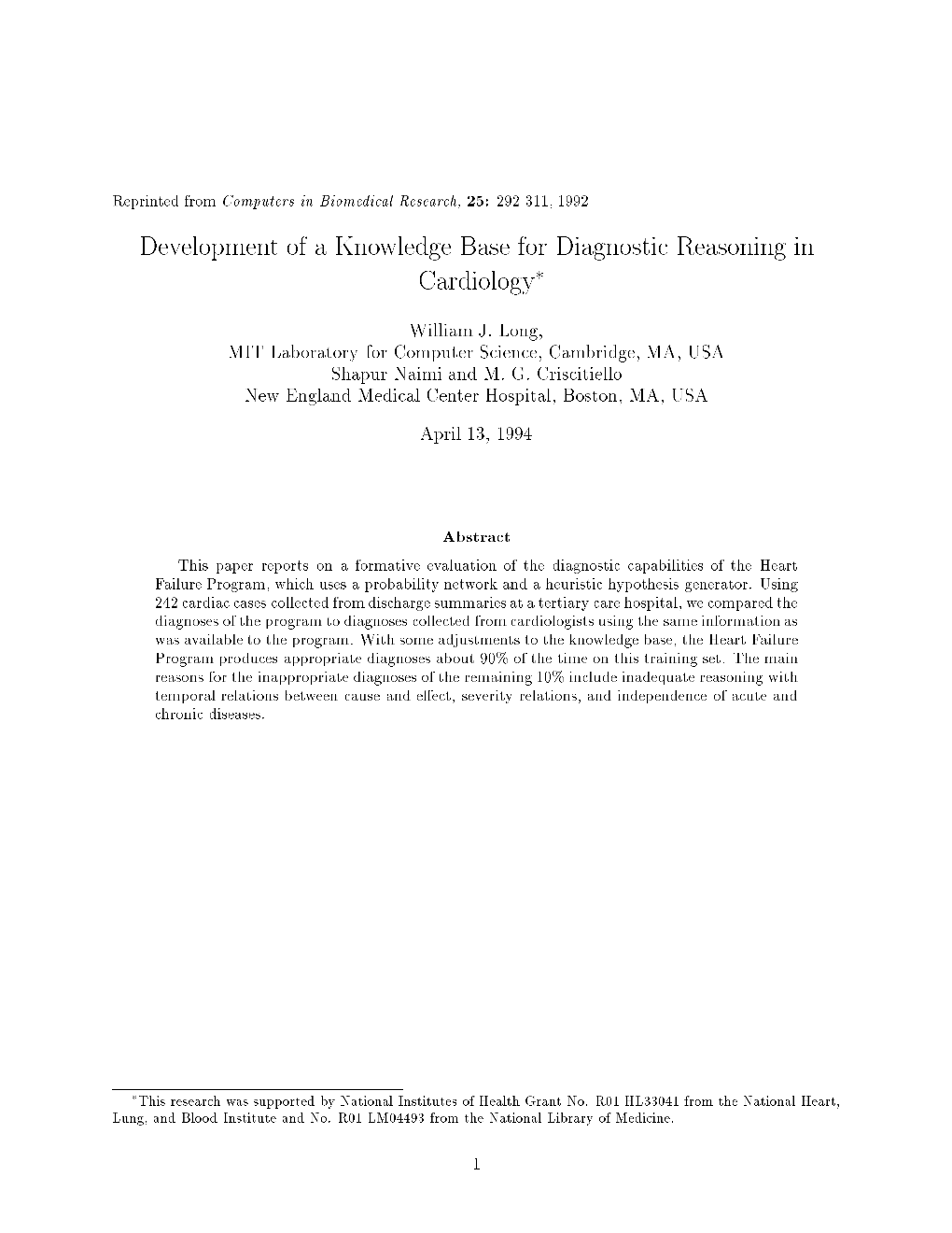 Development of a Knowledge Base for Diagnostic Reasoning in Cardiology