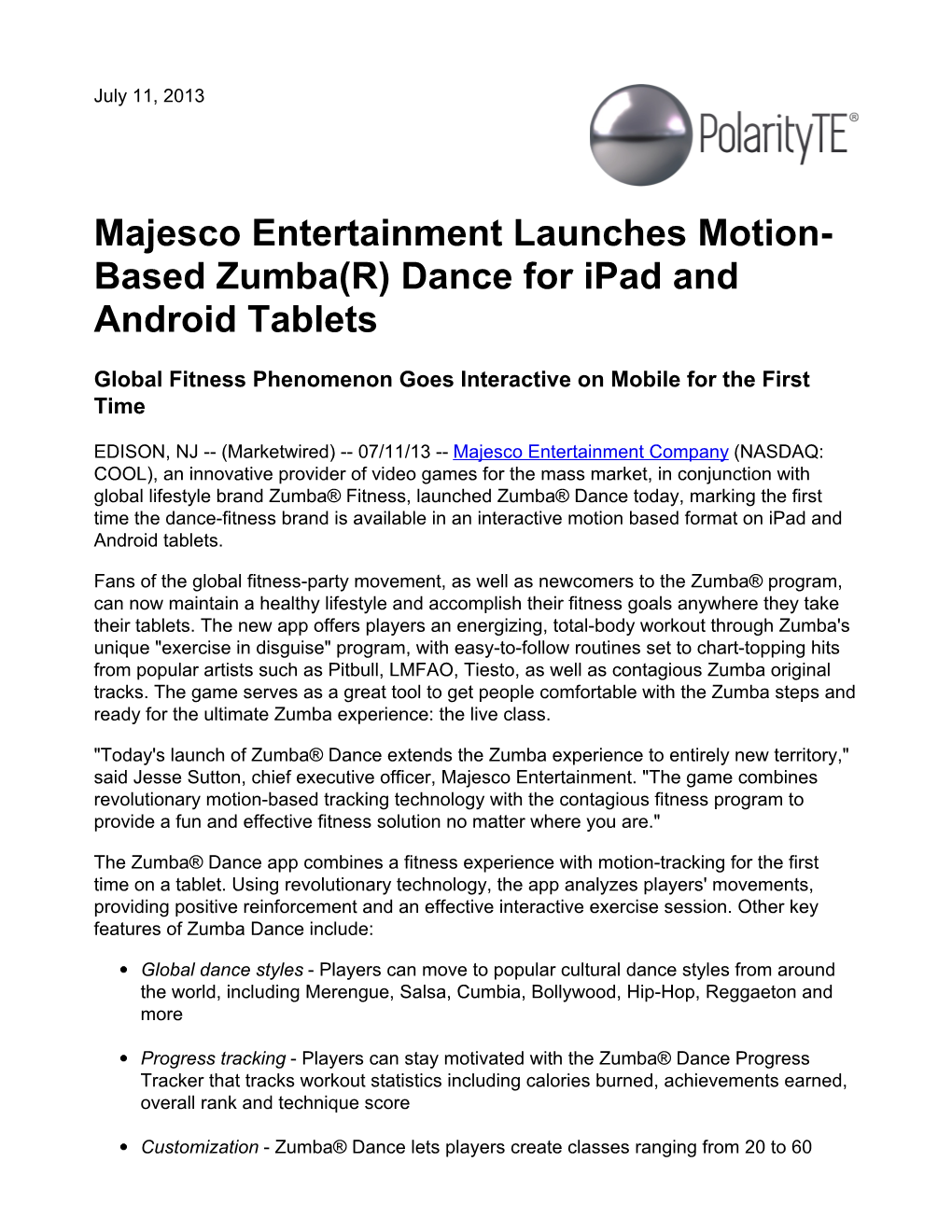 Majesco Entertainment Launches Motion- Based Zumba(R) Dance for Ipad and Android Tablets