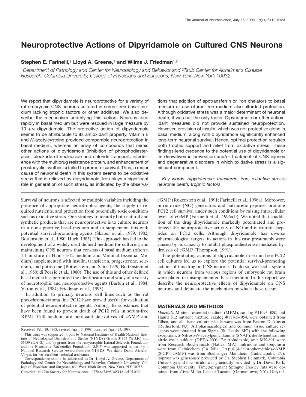 Neuroprotective Actions of Dipyridamole on Cultured CNS Neurons