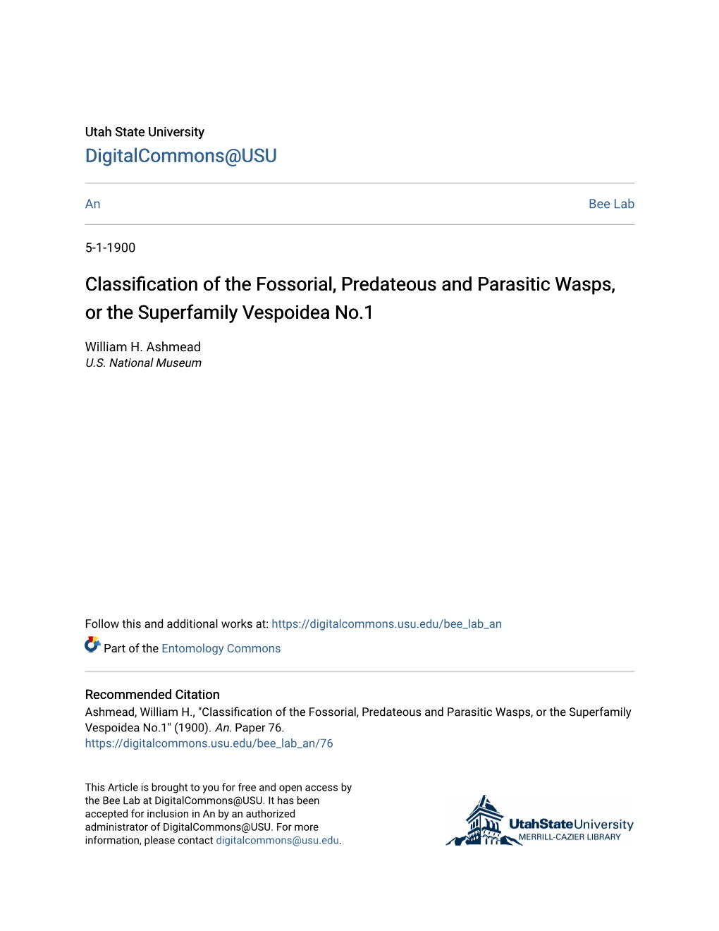 Classification of the Fossorial, Predateous and Parasitic Wasps, Or