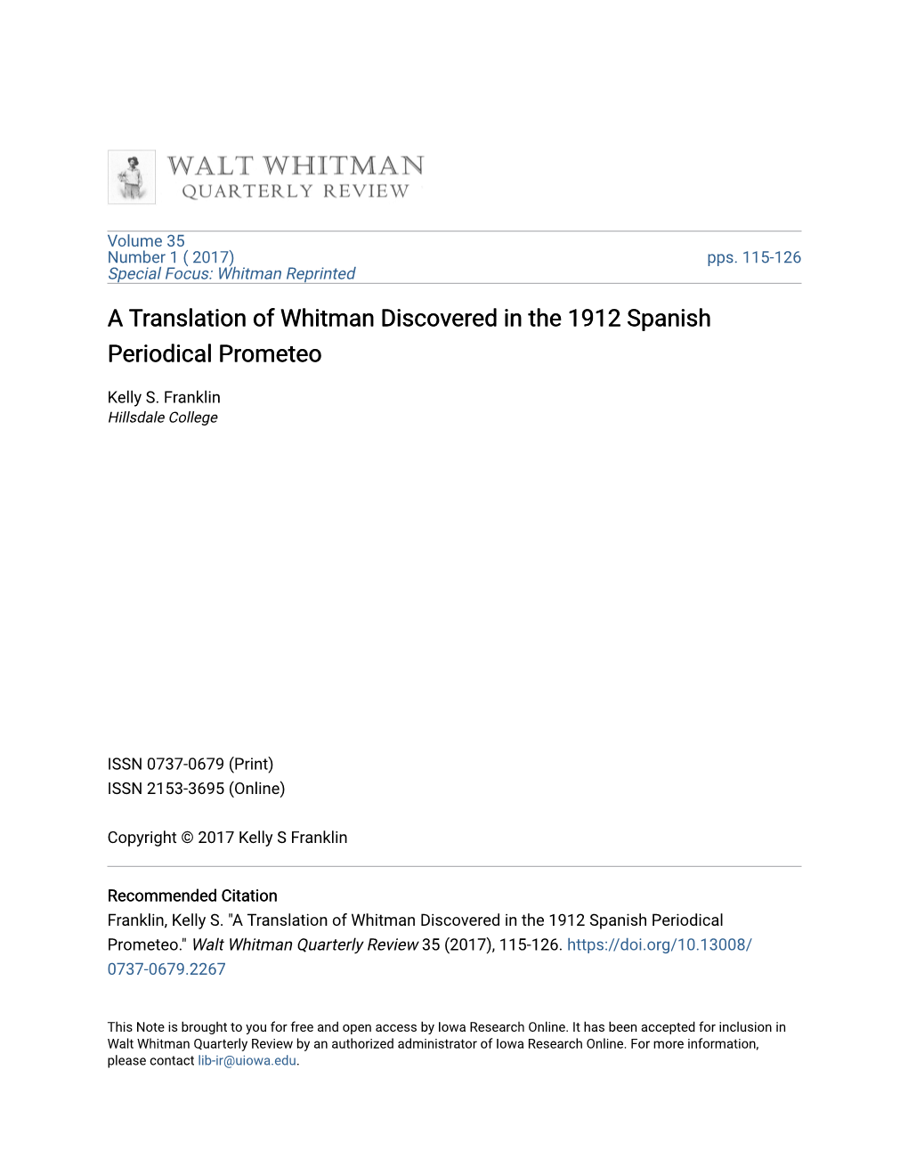 A Translation of Whitman Discovered in the 1912 Spanish Periodical Prometeo