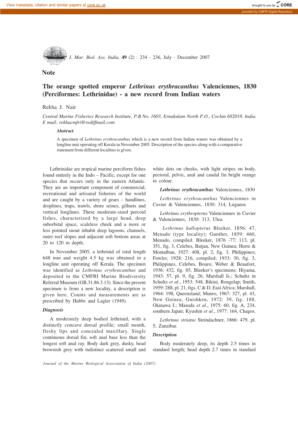 The Orange Spotted Emperor Lethrinus Erythracanthus Valenciennes, 1830 (Perciformes: Lethrinidae) - a New Record from Indian Waters