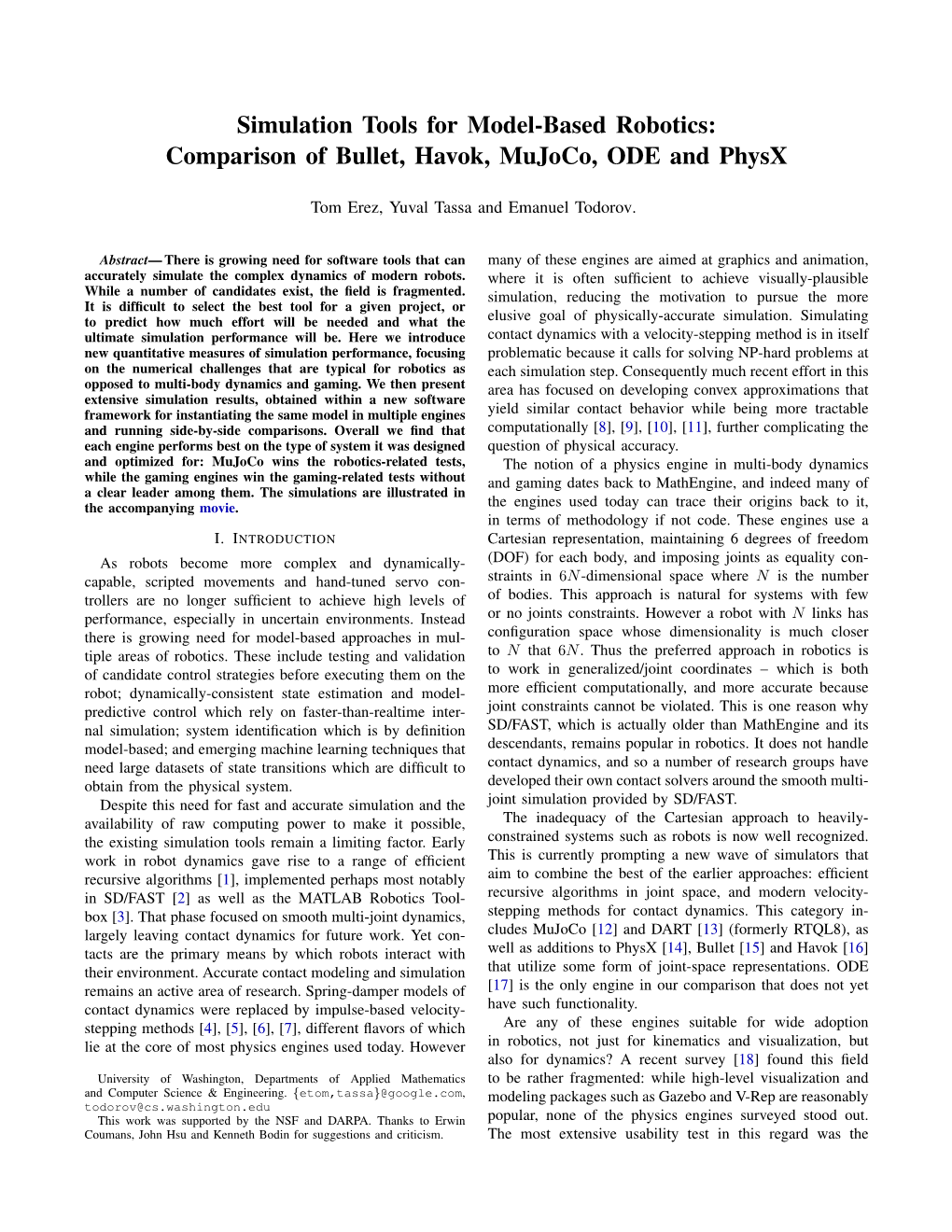 Simulation Tools for Model-Based Robotics: Comparison of Bullet, Havok, Mujoco, ODE and Physx