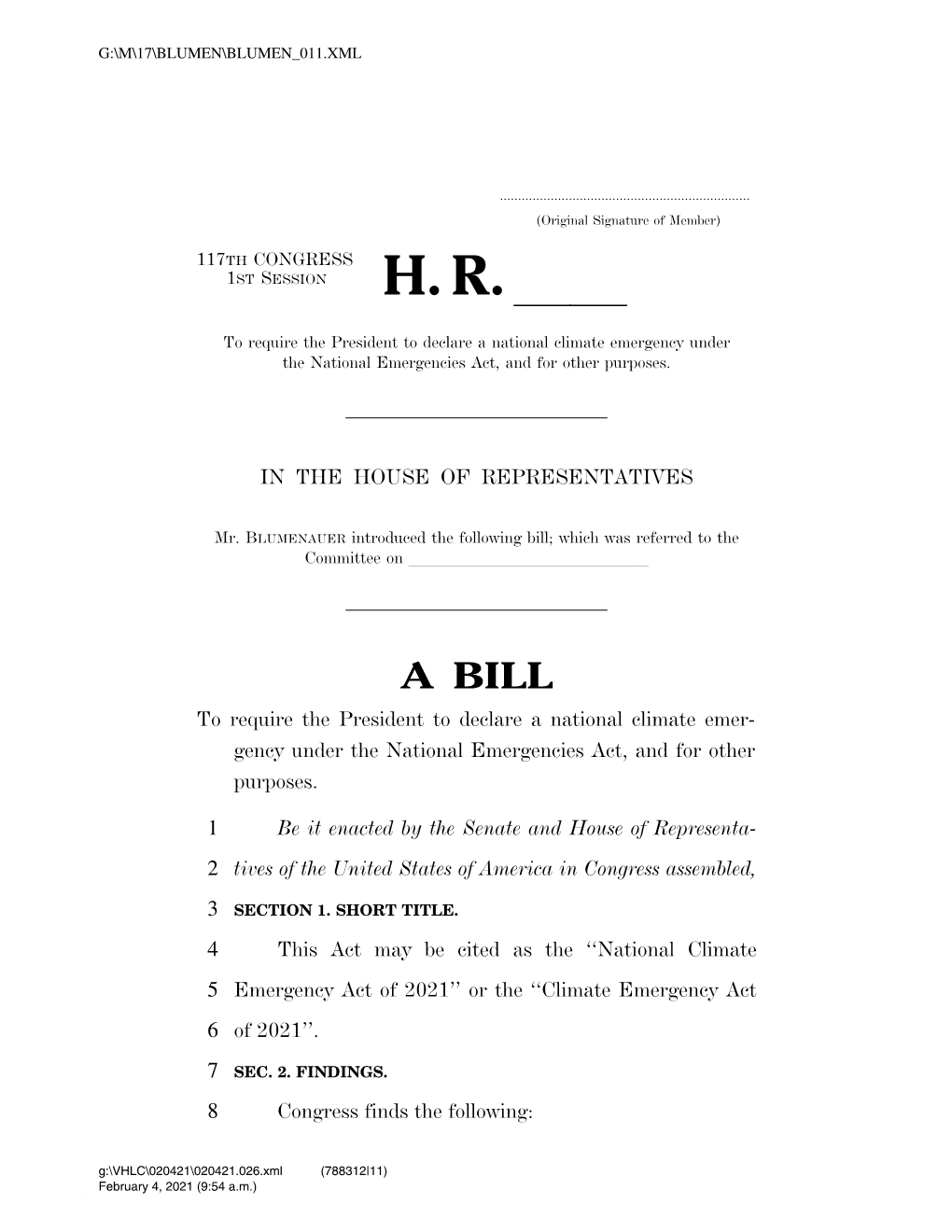 National Climate Emergency Under the National Emergencies Act, and for Other Purposes