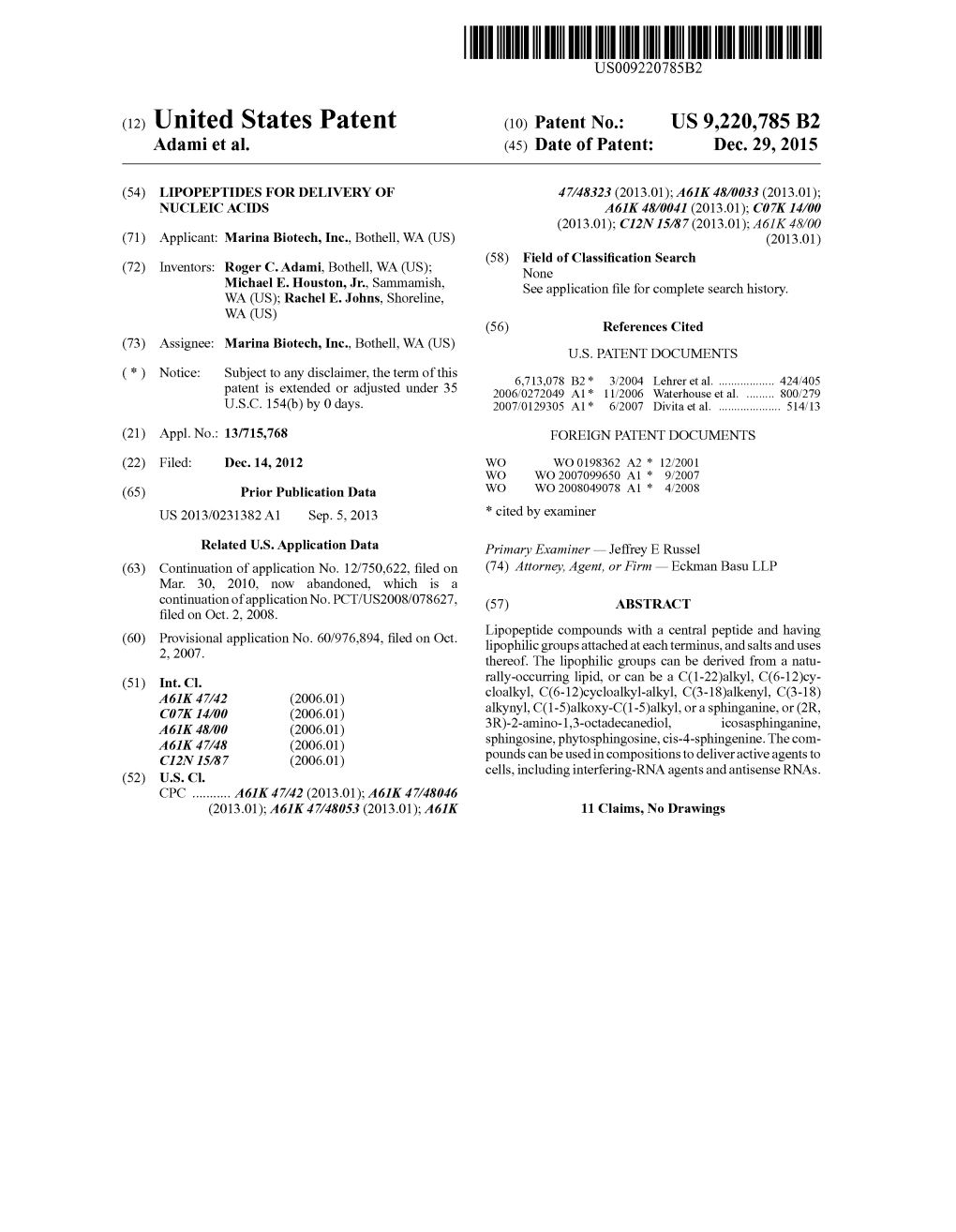 (12) United States Patent (10) Patent No.: US 9.220,785 B2 Adami Et Al