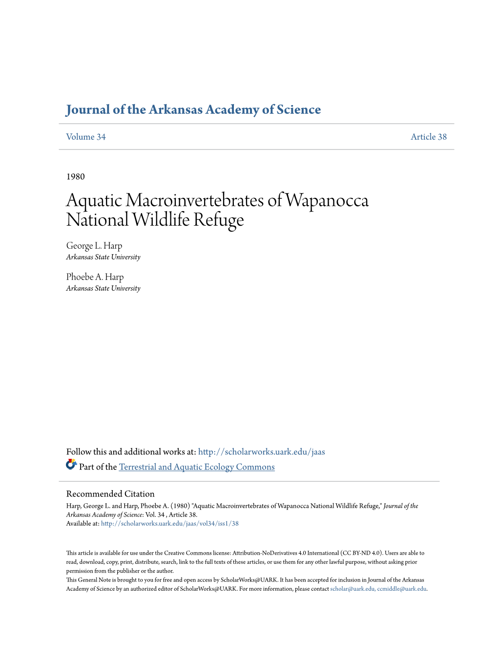 Aquatic Macroinvertebrates of Wapanocca National Wildlife Refuge George L