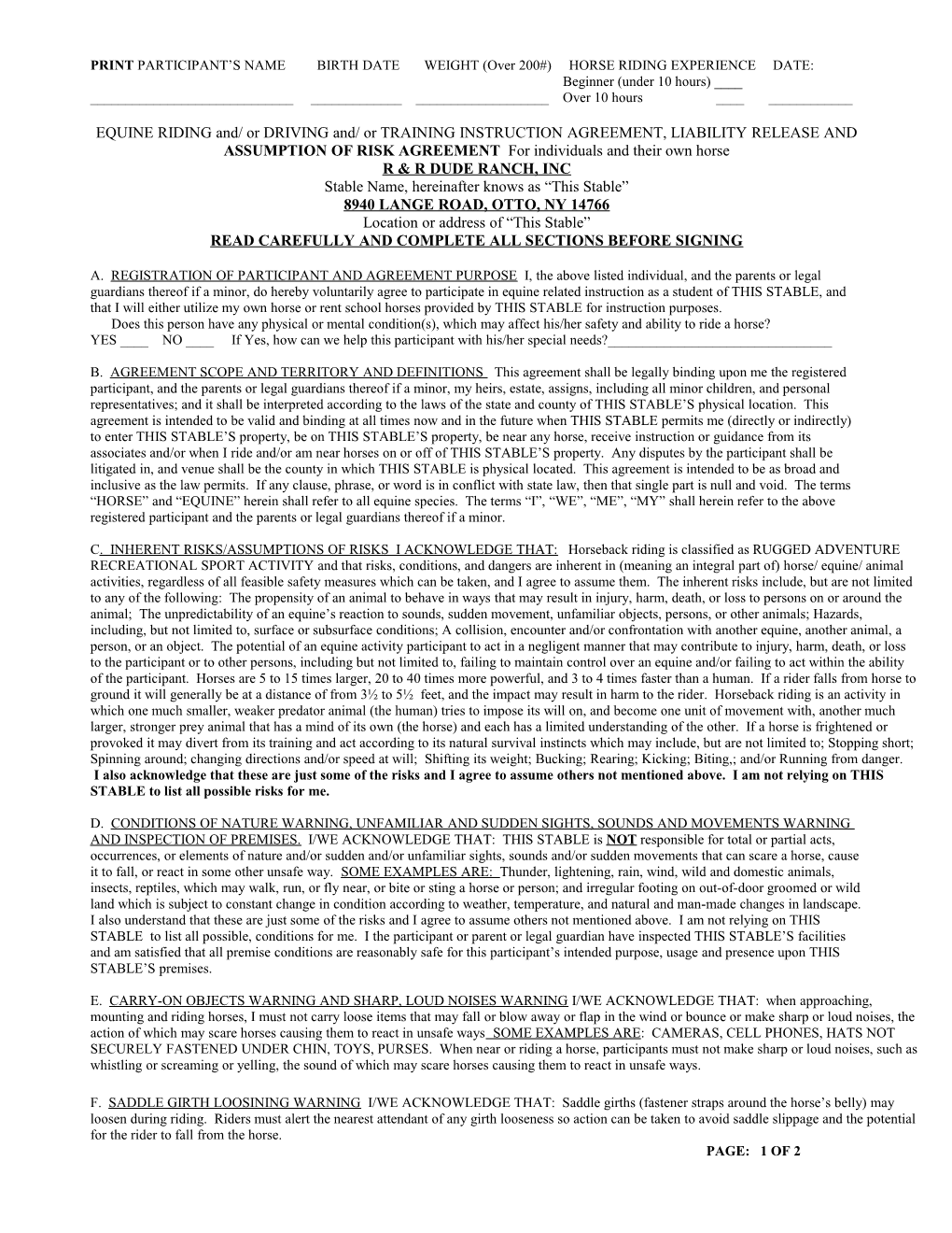 EQUINE RIDING And/ Or DRIVING And/ Or TRAINING INSTRUCTION AGREEMENT, LIABILITY RELEASE