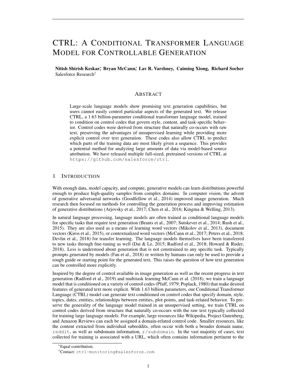 A Conditional Transformer Language Model for Controllable Generation