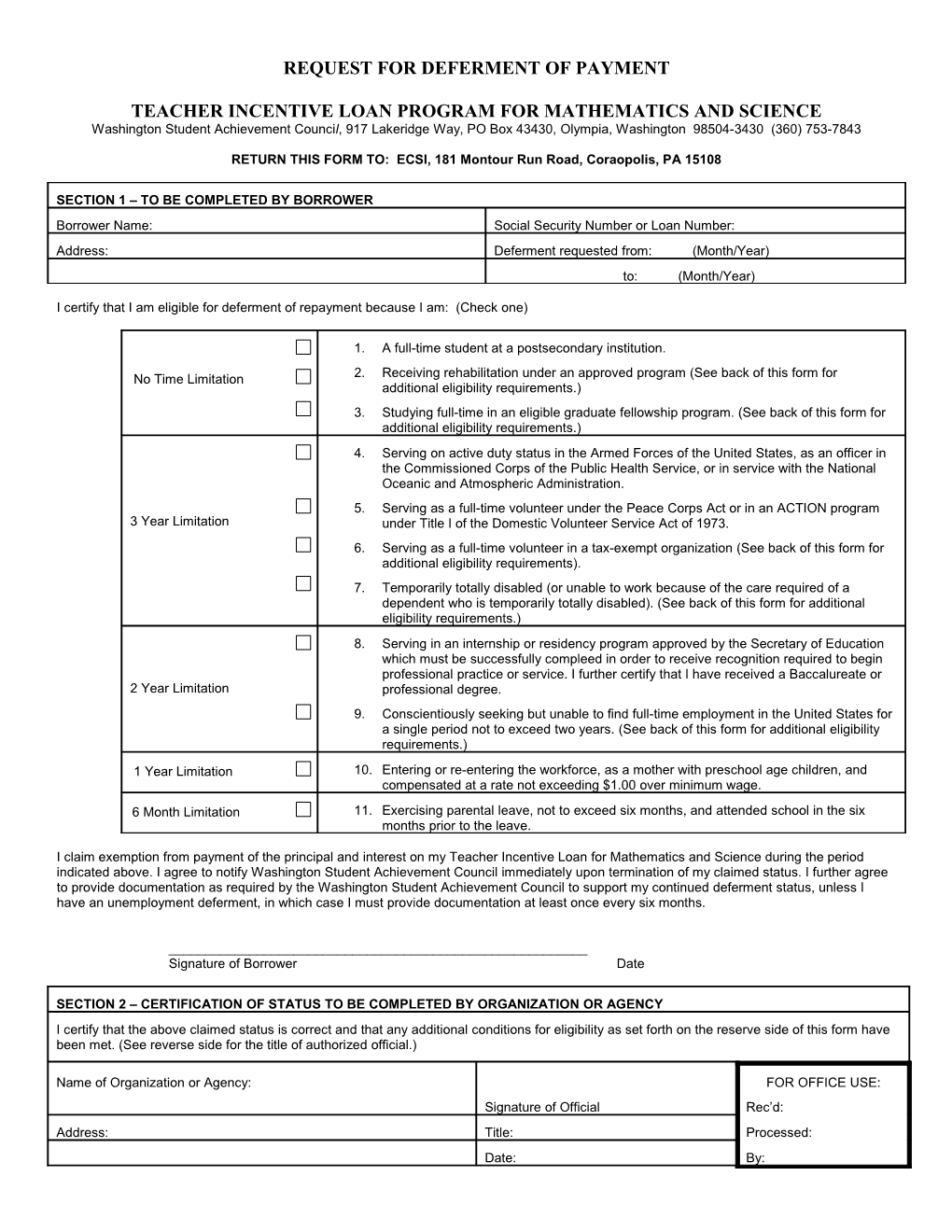 Request for Deferment of Payment