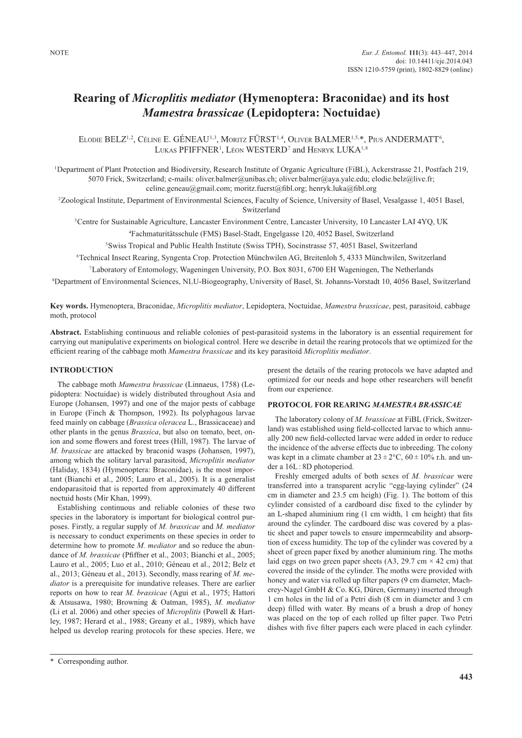 Rearing of Microplitis Mediator (Hymenoptera: Braconidae) and Its Host Mamestra Brassicae (Lepidoptera: Noctuidae)