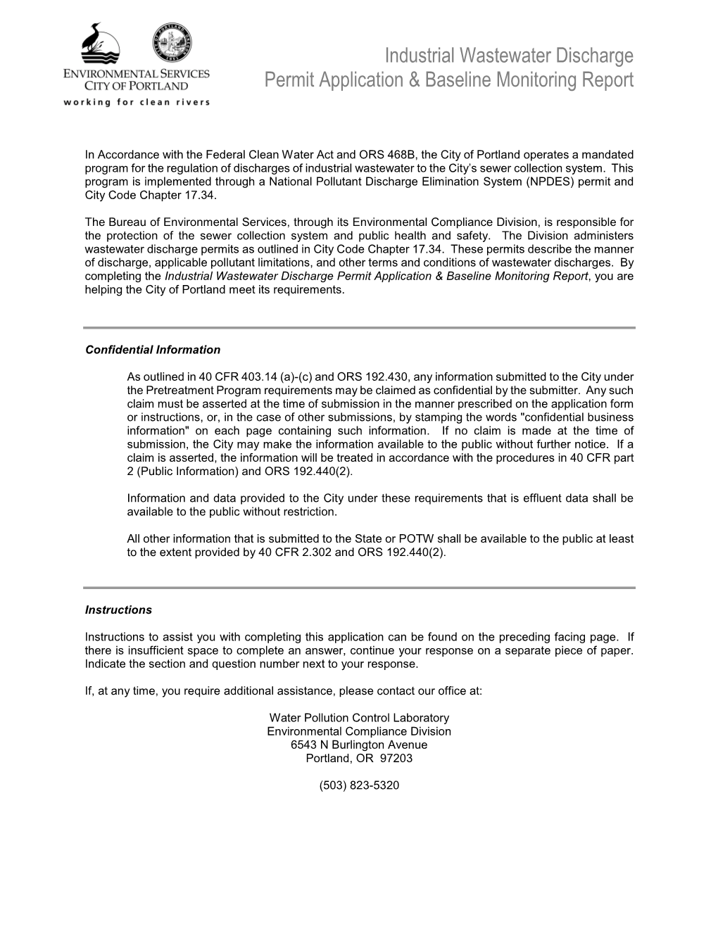 Industrial Wastewater Discharge Permit Application & Baseline