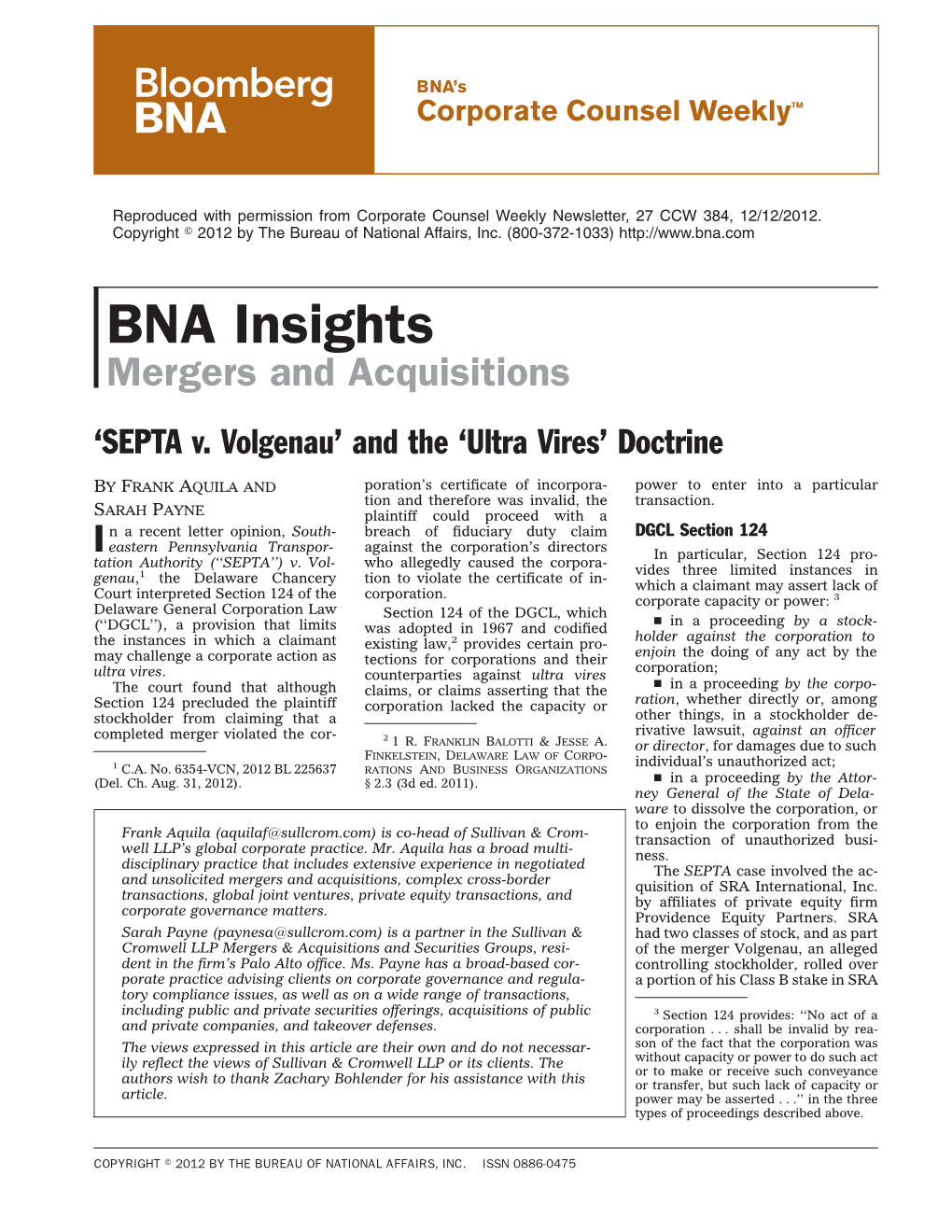 BNA Insights Mergers and Acquisitions ‘SEPTA V