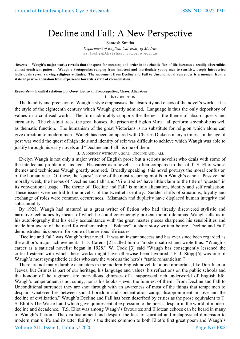 Decline and Fall: a New Perspective Santosh Smitha Department of English, University of Madras Santoshsmitha@Shasuncollege.Edu.In