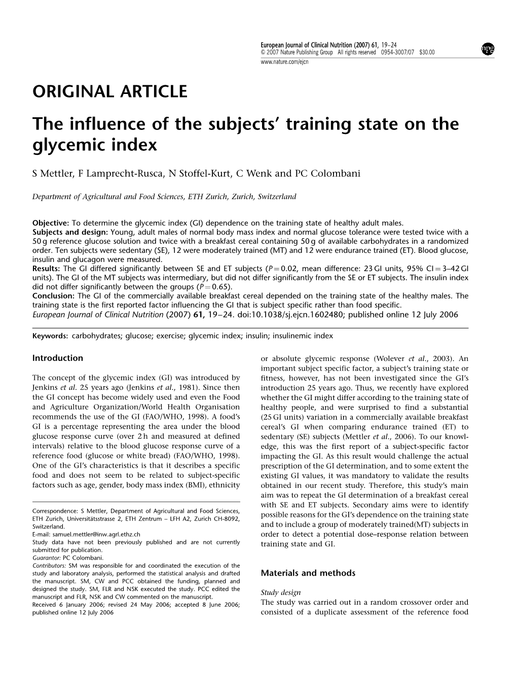 The Influence of the Subjects' Training State on the Glycemic Index