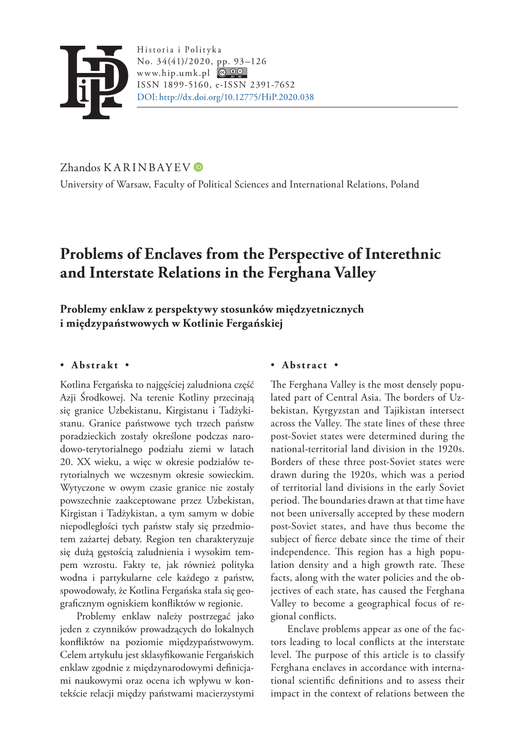 Problems of Enclaves from the Perspective of Interethnic and Interstate Relations in the Ferghana Valley