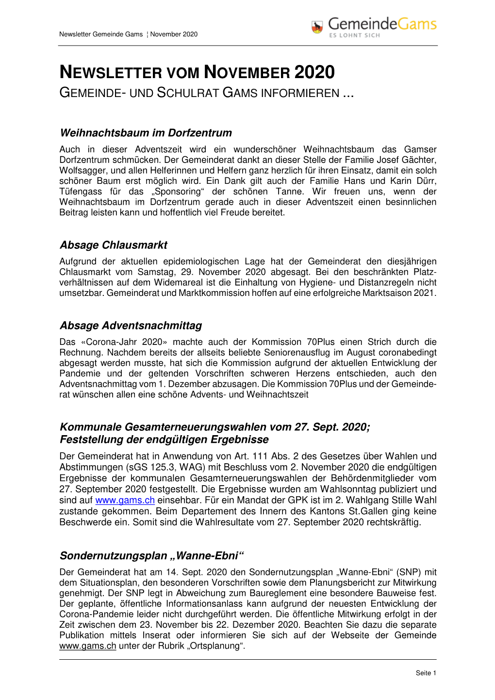 Newsletter Vom November 2020